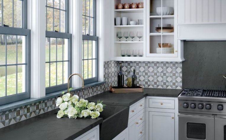 mosaic tile blue kitchen backsplash